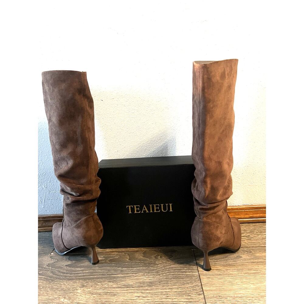 TEAIEUI Knee High Boots Slouch Suede Heels Y2K Boho Western Festival 8.5 - Picture 7 of 7